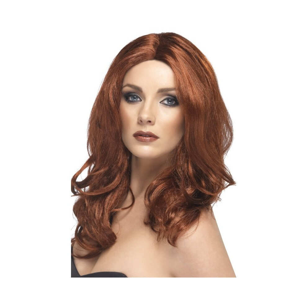 Smiffy's Superstar Wig, Auburn, Long, Wavy, With Skin Parting - Wig Superstar Auburn Long Wavy Fancy Dress Ladies Accessory Red