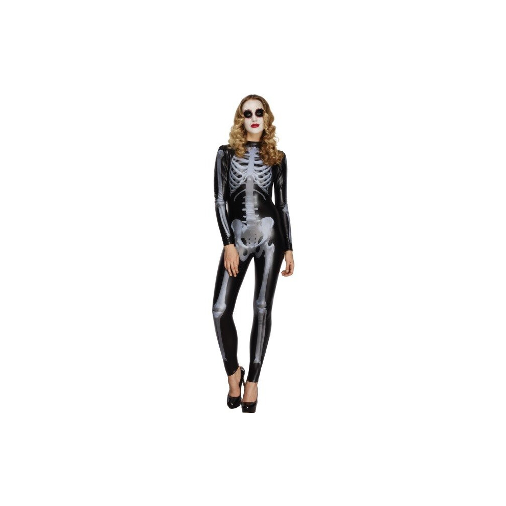Smiffy's Adult Women's Fever Miss Whiplash Skeleton Costume, Printed Catsuit, - Skeleton Costume Fancy Dress Halloween Fever Ladies Catsuit Womens