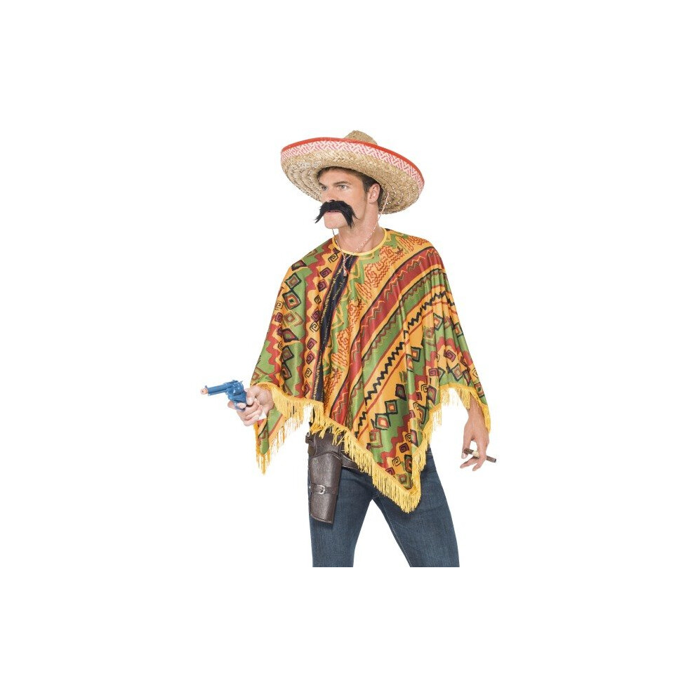 Smiffy's Men's Fancy Dress Poncho With Moustache. - Poncho Moustache Mexican Fancy Dress Instant Mens Kit Bandit Costume Adult Outfit Western Orange