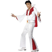 Elvis Costume, White & Red, With Shirt, Trousers, Cape & Belt - elvis costume mens fancy dress smiffys shirt trousers cape belt size colour white