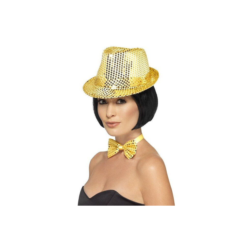 Smiffy's Unisex Sequin Trilby Hat (Gold) - Hat Sequin Trilby Fancy Dress Ladies 1920S Adult Cabaret Fedora Accessory Hen Gold