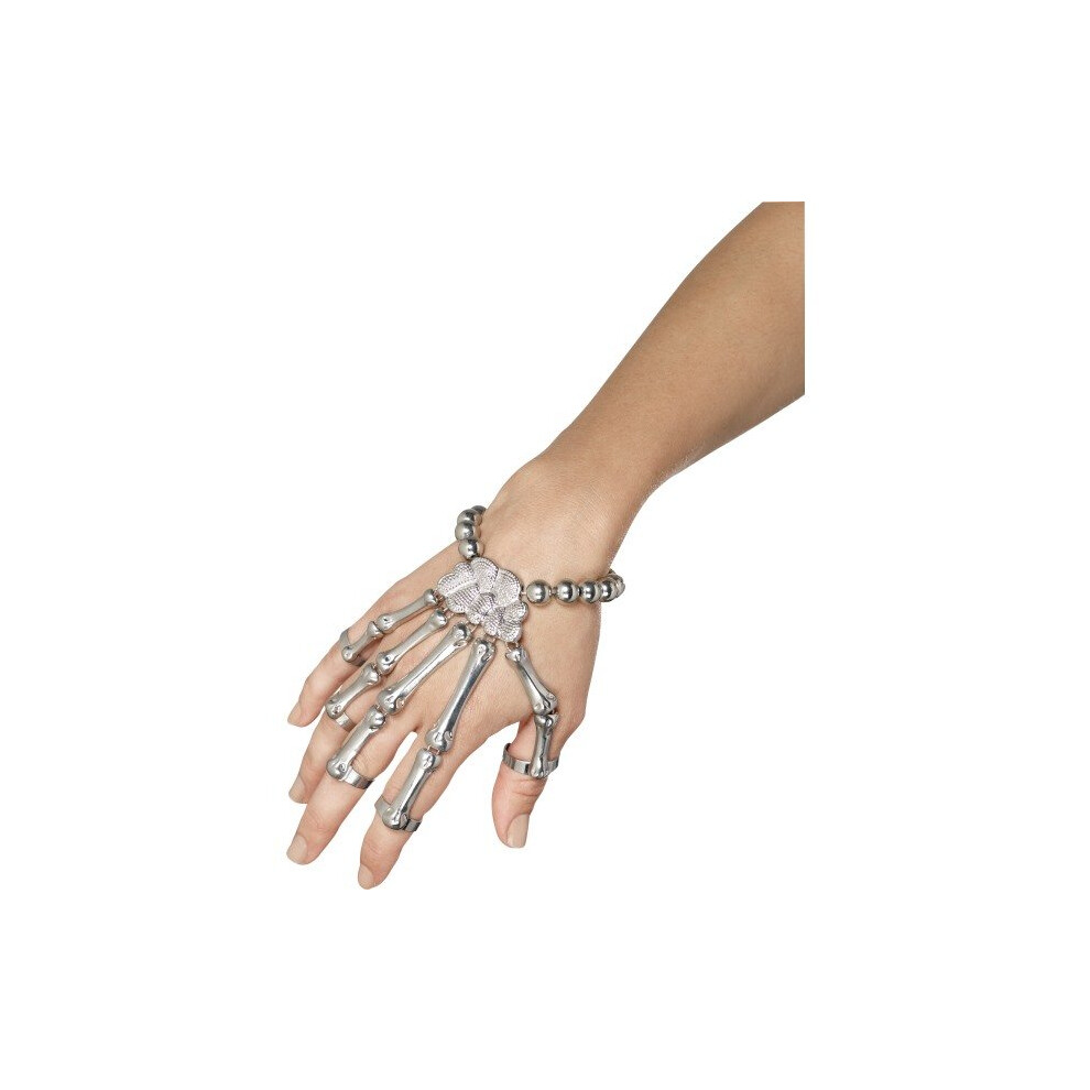 Silver Adults Skeleton Hand Bracelet -  skeleton hand bracelet halloween silver fancy dress arm jewellery bones smiffys 45601 ladies adults accessory