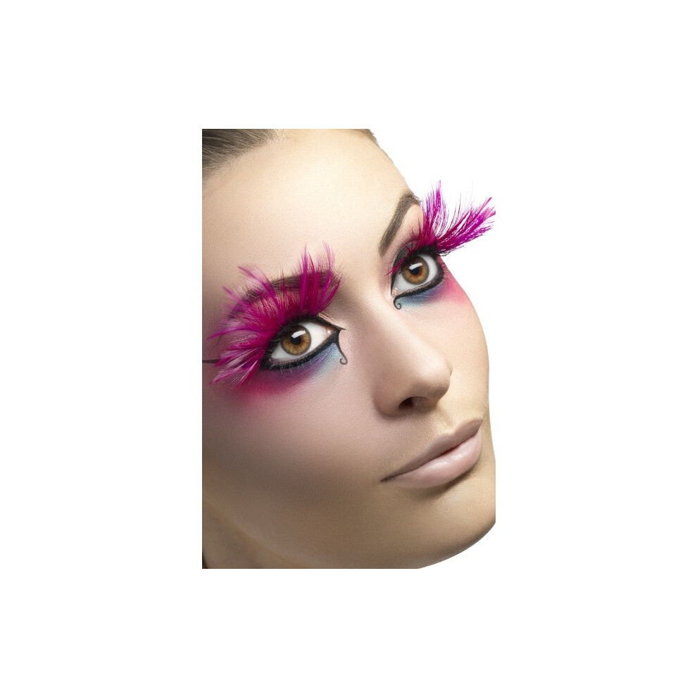 Smiffy's Eyelashes With Feather Plumes And Glue - Pink -  eyelashes feather pink dress long plumes smiffys false fancy glue