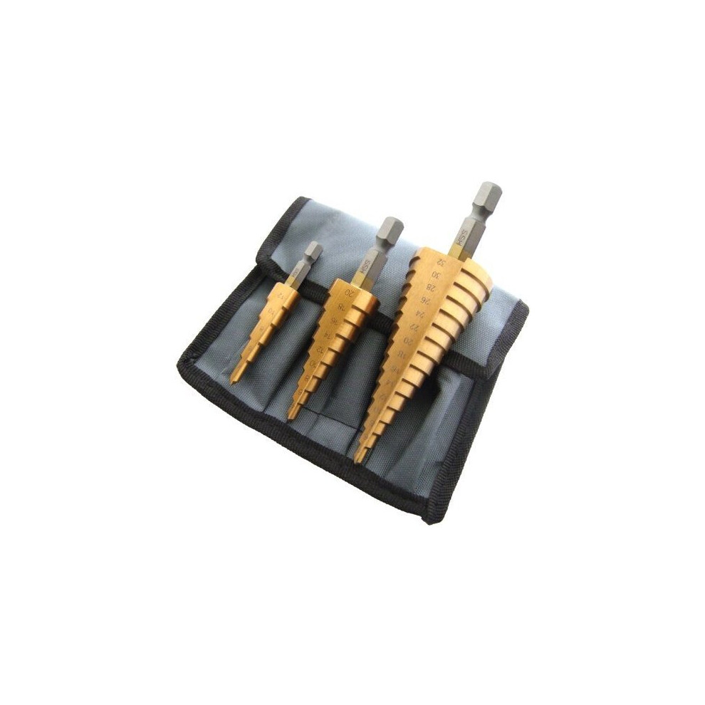 3pc High Speed Steel Step Drill Set (large) - Bit Large 3 Amtech Titanium Cone -  step drill set bit high large 3 speed steel amtech titanium cone