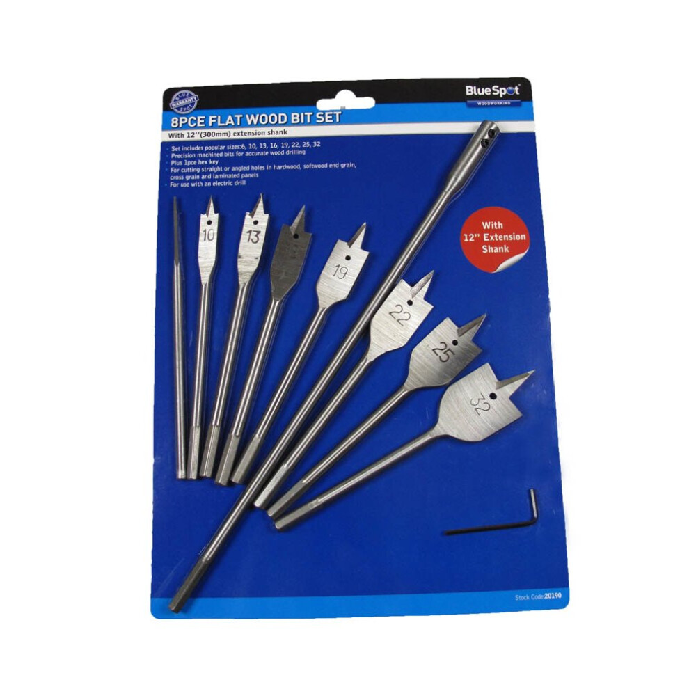 10 Piece Flat Wood Bit Set -  wood flat bit set 8pc blue spot 8pce drills 6mm 10mm 13mm 16mm 19mm 22mm 25mm 32mm extra long 632mm 12 extension shank