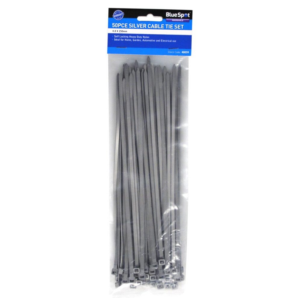 4.8mmx 250mm Silver 50 Piece Cable Ties Set -  cable blue spot ties silver 50 40059