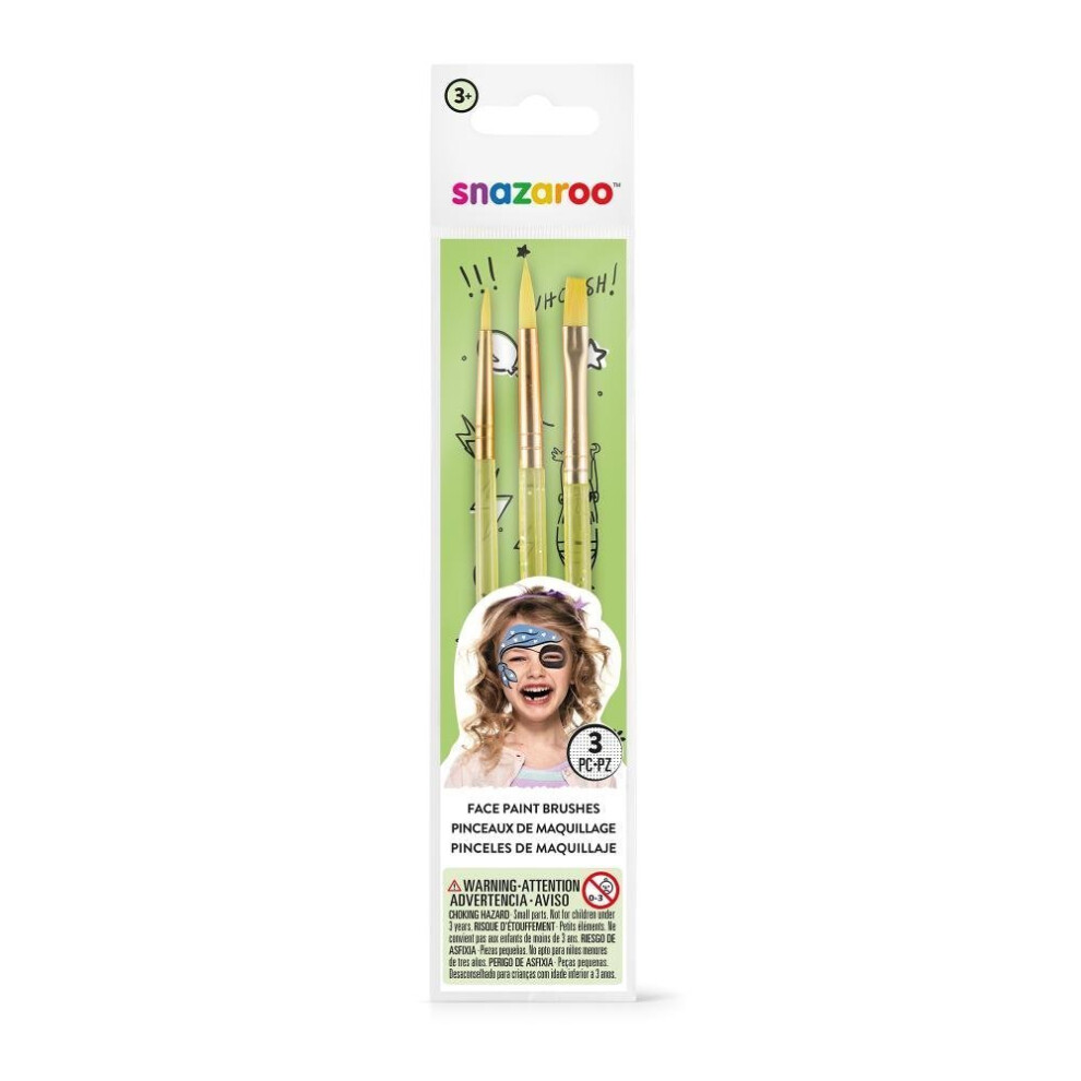 Snazaroo 3-Pack Fun Brush Set for Face Painting - Fine, Round & Flat Face Paint Brushes (Starter Set)