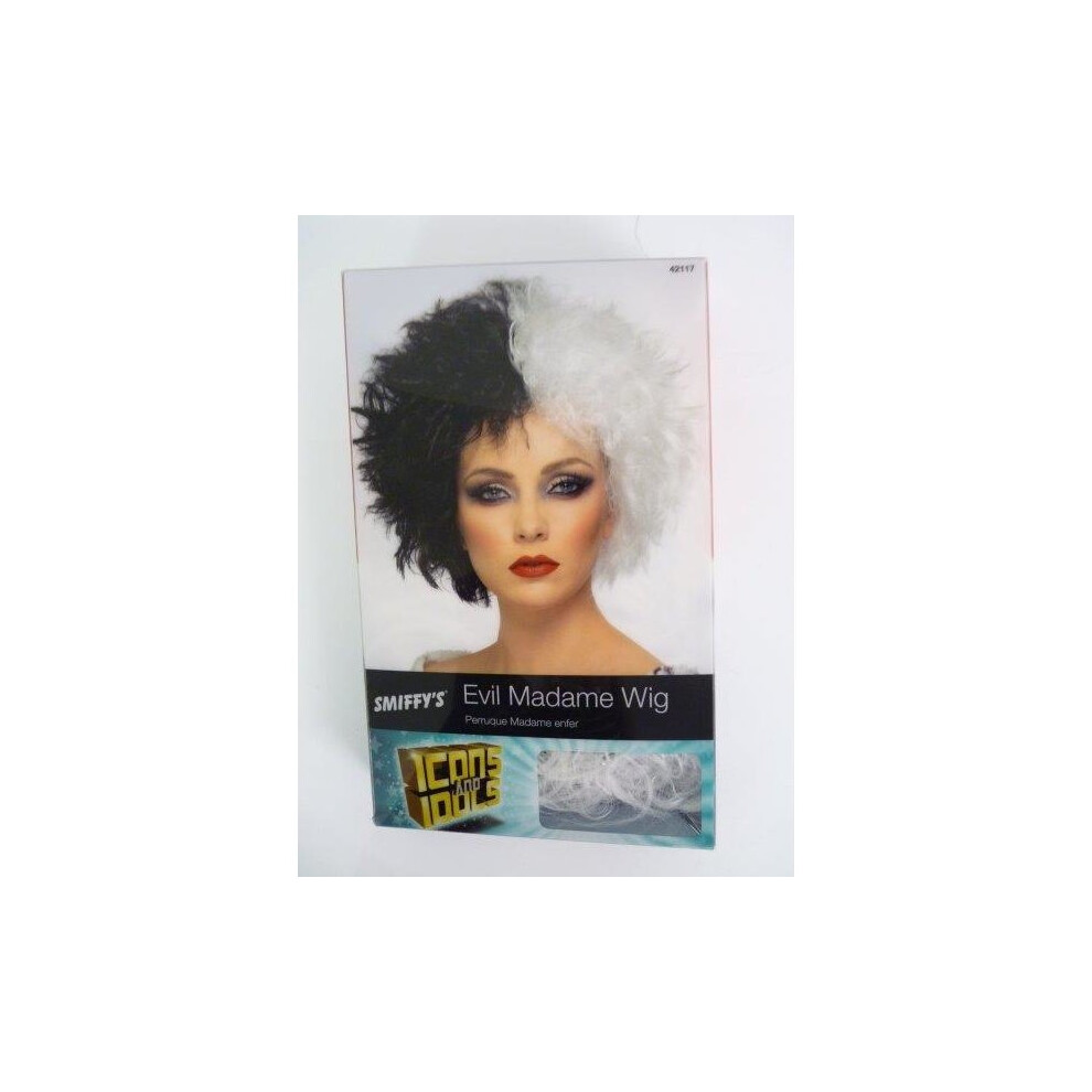 Adult's Black White Evil Madame Wig -  wig evil madame black white smiffys fancy dress cruella costume ladies halloween de