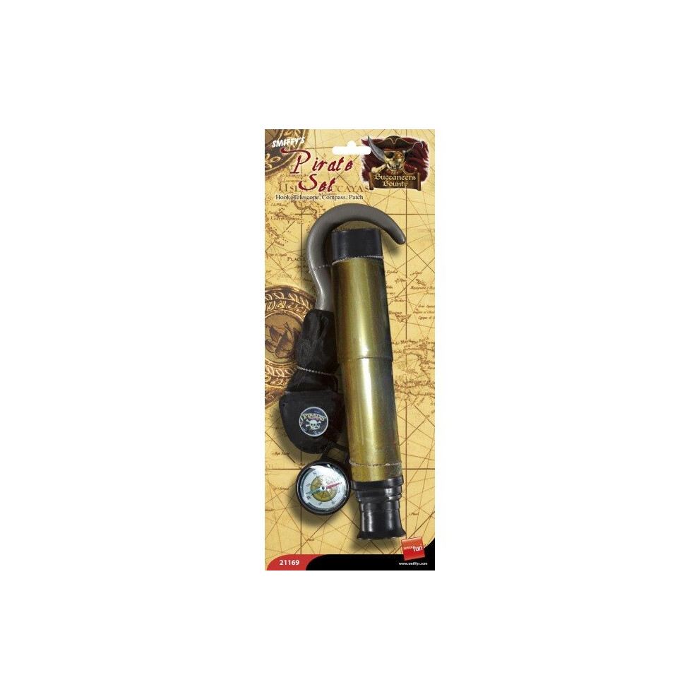 Smiffy's Pirate Set With Hook - Brown - Fancy Dress Telescope Compass Eyepatch - Pirate Hook Set Fancy Dress Telescope Compass Eyepatch