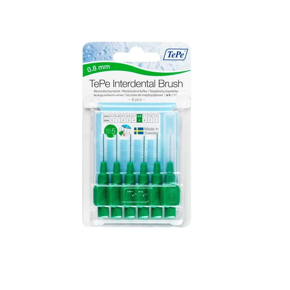 0.8mm Green Tepe Interdental Brushes - 6 Pack 08mm Interdent 5 -  tepe 6 interdental brushes pack 08mm green interdentgreen 5
