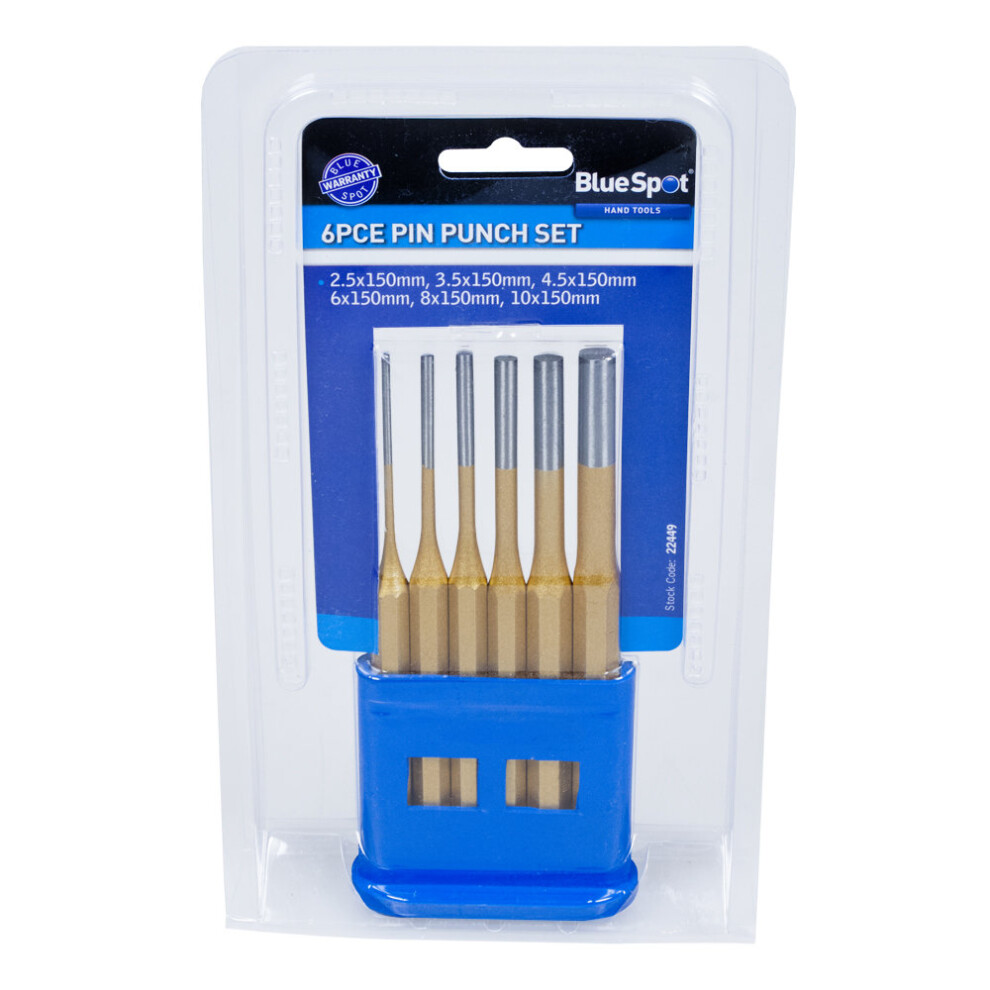 6 Piece Gold Pin Punch In Plastic Stand - Set Bluespot Tools Bs22449 -  punch pin set 6 gold bluespot tools bs22449