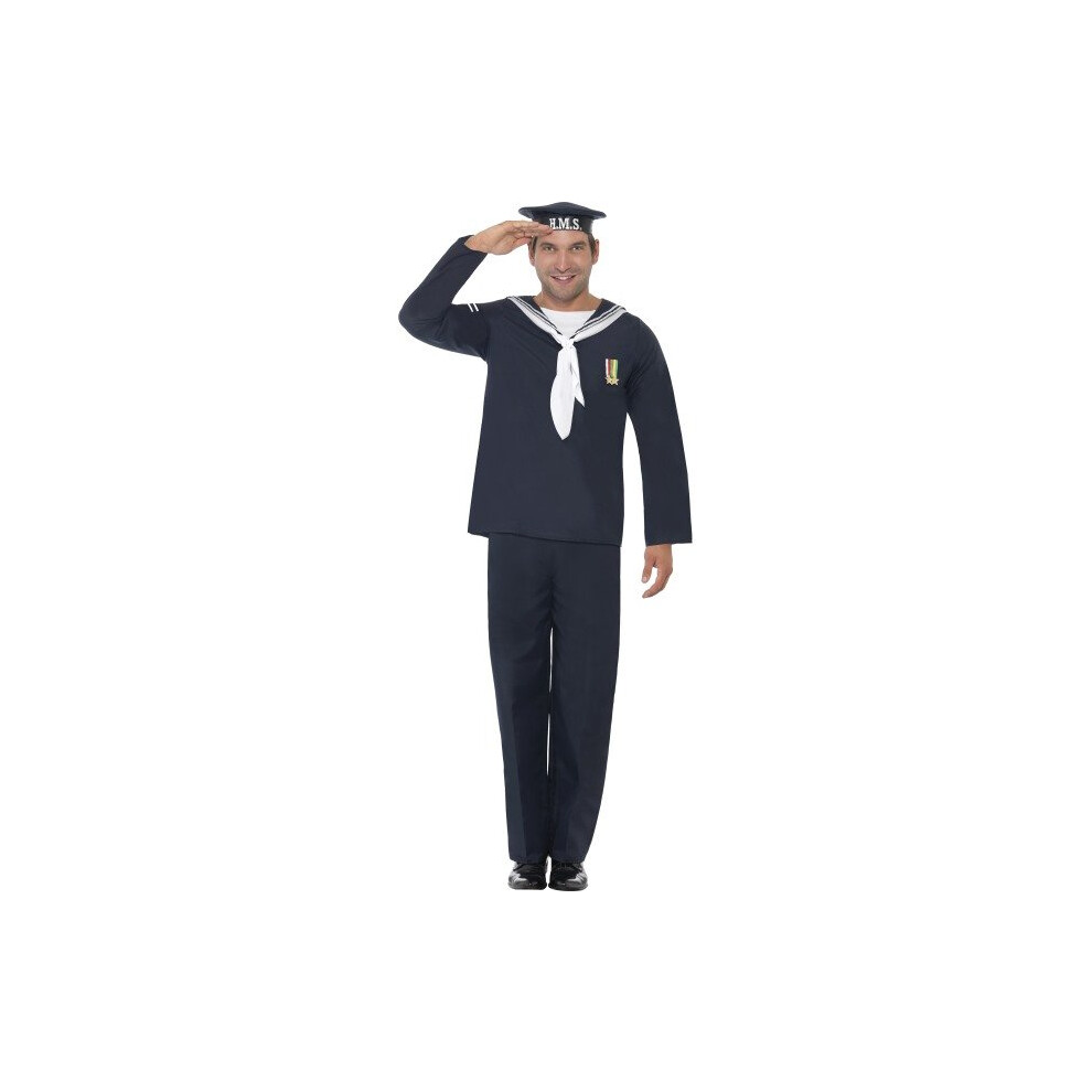 Smiffy's Medium Naval Seaman Costume - Naval Seaman Costume Mens Fancy Dress Navy Outfit Sailor Adult 1940S Wartime Blue