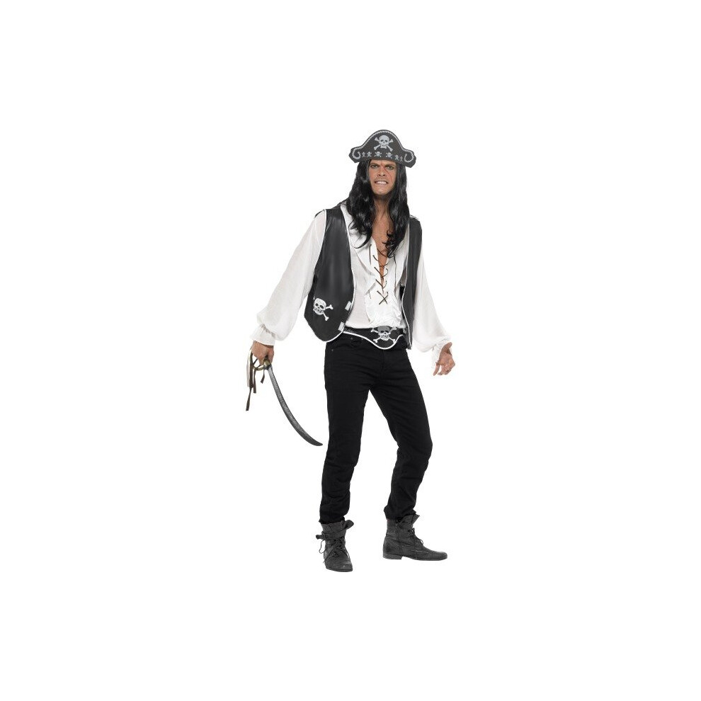 Smiffy's Pirate Set With Hat Waistcoat And Belt - Black -  pirate set fancy dress mens costume hat waistcoat belt adult