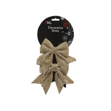 Pack Of 2 13 x 16cm Glitter Christmas Gold Gift Bow Decorations -  pack 2 13 x 16cm glitter christmas gold gift bow decorations