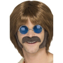 Brown hippie kit with mustache and sideburns for men