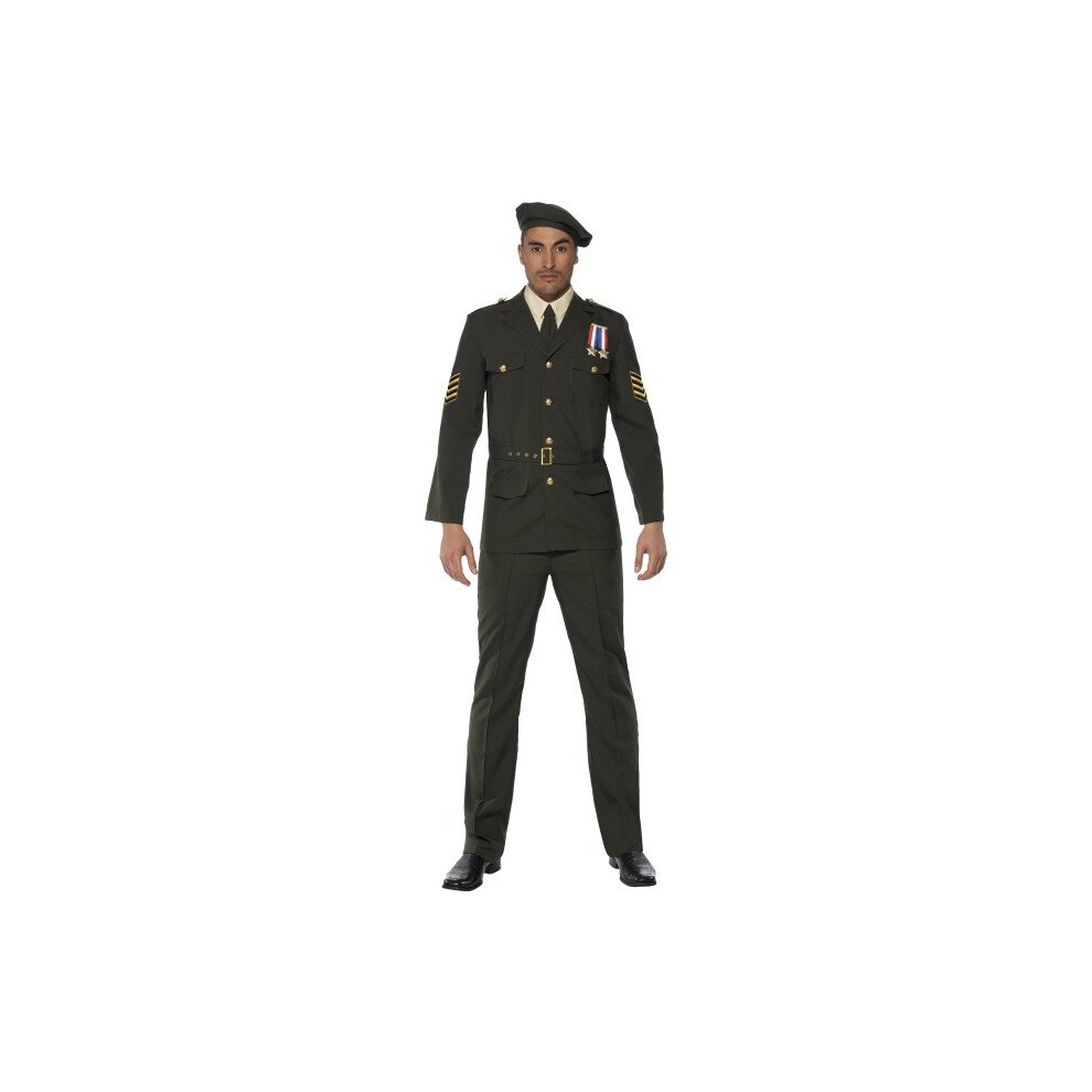 Smiffy's Adult Men's Wartime Officer Costume, Beret, Tie, Trousers, Belt And - Officer Wartime Fancy Dress Mens Costume Army Outfit Adult Military Green