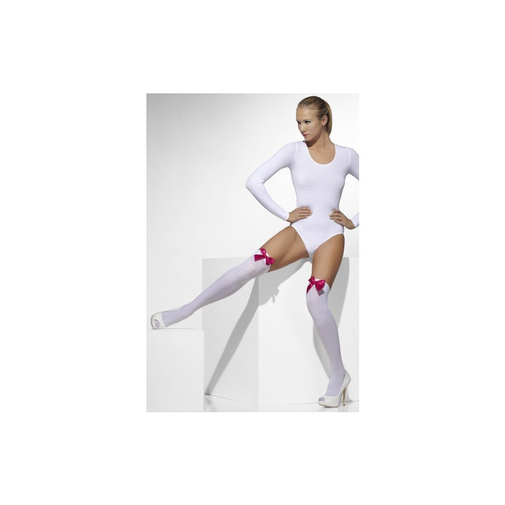 Pink,White White Opaque Hold Ups - White Stockings Fancy Dress Ladies Accessory Hold Bow Fuchsia Ups Bows Pink Womens Thigh Hosiery Opaque Sexy