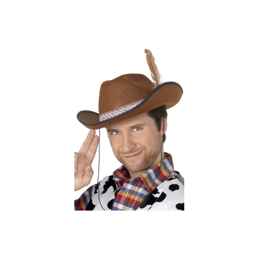 Smiffy's Dallas Hat Felt With Feather - Hat Dallas Fancy Dress Adult Costume Cowboy Mens Unisex Cowboys Wild West Sale Party Brown