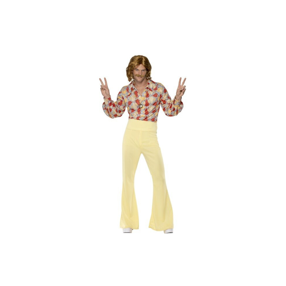 Smiffy's Adult Men's 1960's Groovy Guy Costume, Shirt And High Waisted Flared -  groovy guy costume mens fancy dress 1960s hippie outfit adult 70s