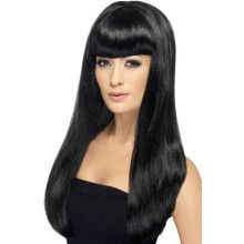 Long black wig with bangs for women