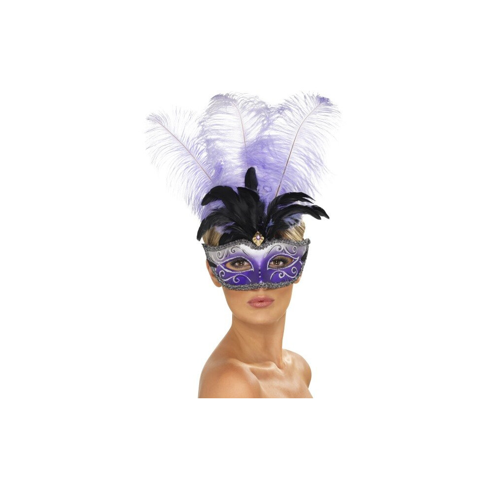 Smiffy's Venetian Colombina Costume Eyemask With Multicolour Plume. - Venetian Colombina Plume Mask Eyemask Fancy Dress Multi Colour Feather Purple