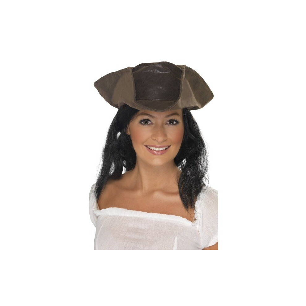 Smiffy's Leather Look Pirate Hat Hair - Brown With Black - Pirate Hat Leather Look Fancy Dress Costume Ladies Adult Mens Brown Accessory Pirates Black,Brown