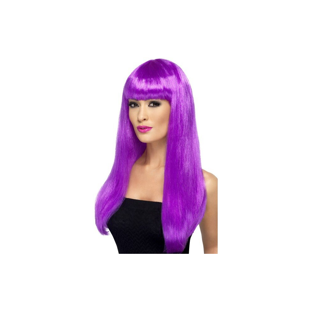 Smiffy's Babelicious Wig Long Straight With Fringe - Purple -  wig babelicious long purple straight fancy dress smiffys costume ladies accessory