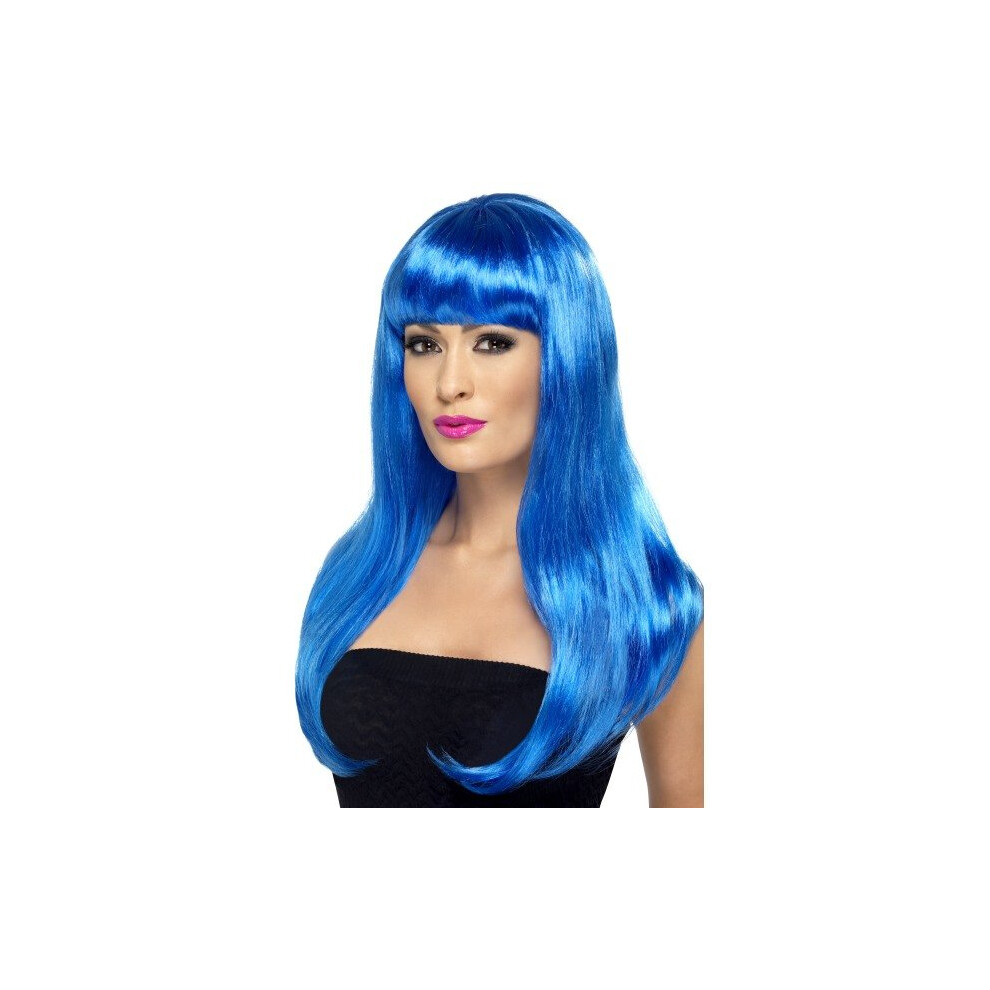 Smiffy's Babelicious Wig Long Straight With Fringe - Blue -  wig babelicious long fancy dress accessory blue ladies wavy womens straight celebrity