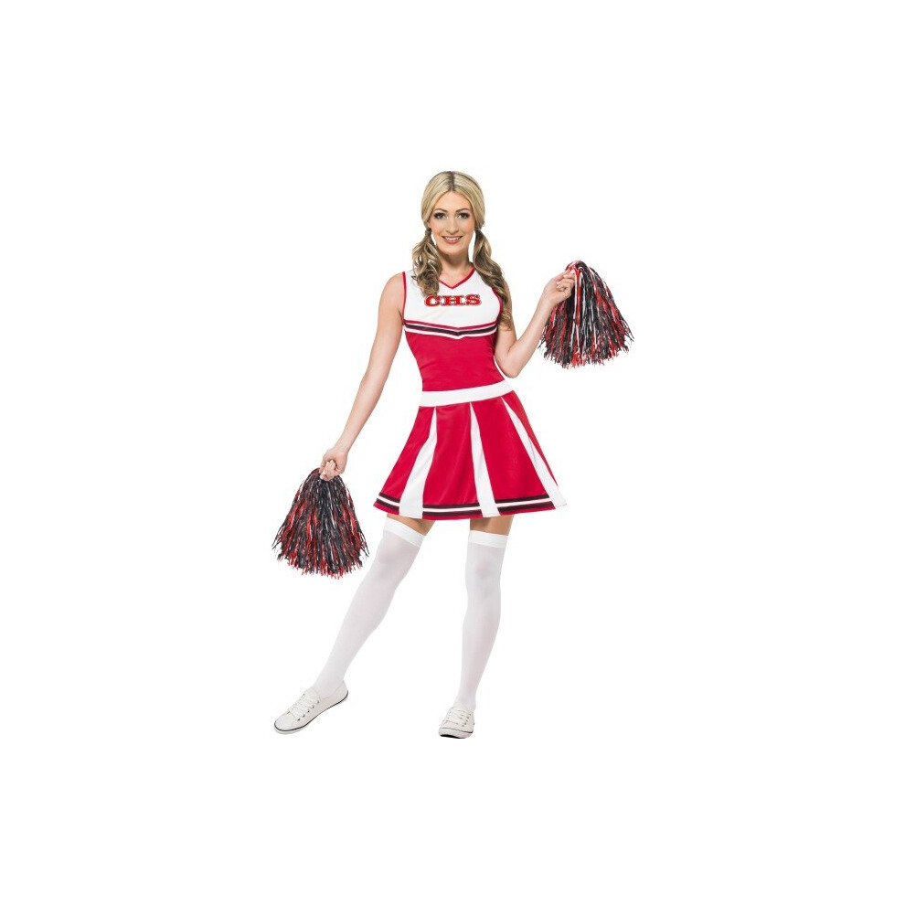 Smiffy's Medium Cheerleader Fancy Dress Costume With Pom Poms. - Cheerleader Costume Dress Fancy Ladies Womens High School Outfit Pom Poms Adult Red
