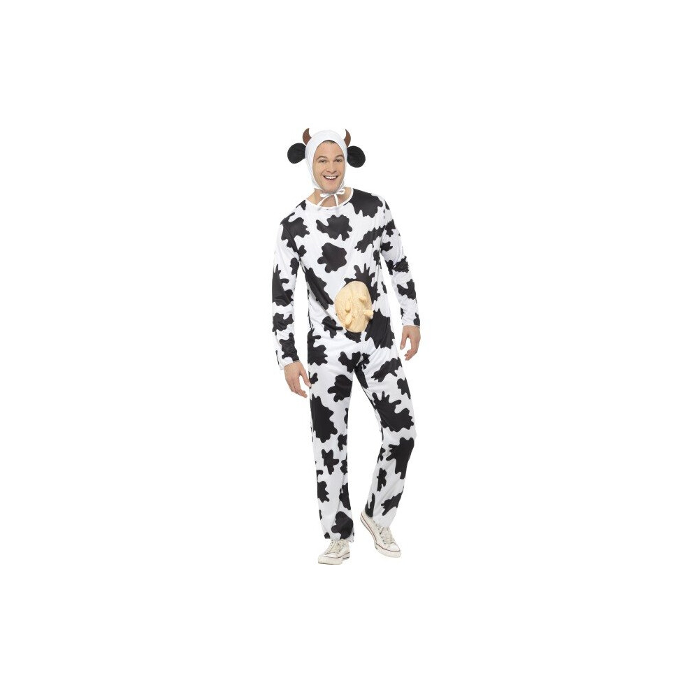 Smiffy's Mens Cow Costume For Fancy Dress - Costume Mens Fancy Dress Cow Adult Animal Farm Outfit Jumpsuit Udders Ladies One