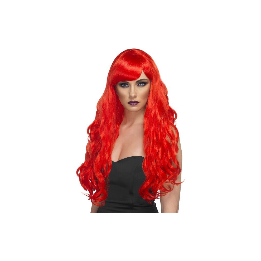 Long Red Desire Wig -  wig long red fancy dress desire curly ladies fringe halloween costume womens smiffys accessory devil