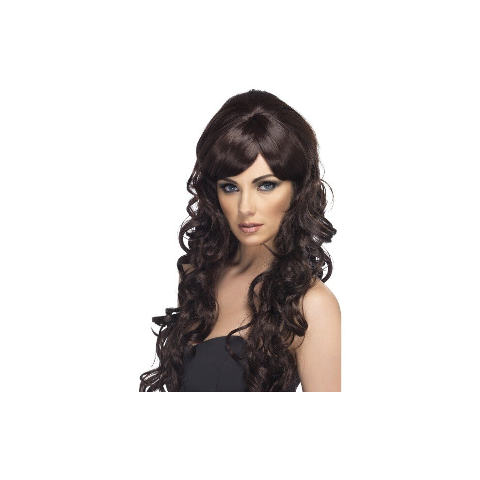 Long Brown Ladies Pop Star Curly Wig -  wig pop starlet brown long fancy dress curly ladies accessory smiffys cheryl cole costume