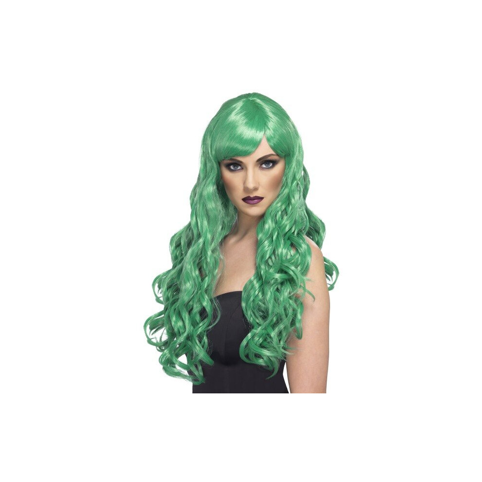 Long Green Ladies Fringe Curly Desire Wig -  wig green desire long curly fancy dress ladies fringe smiffys costume