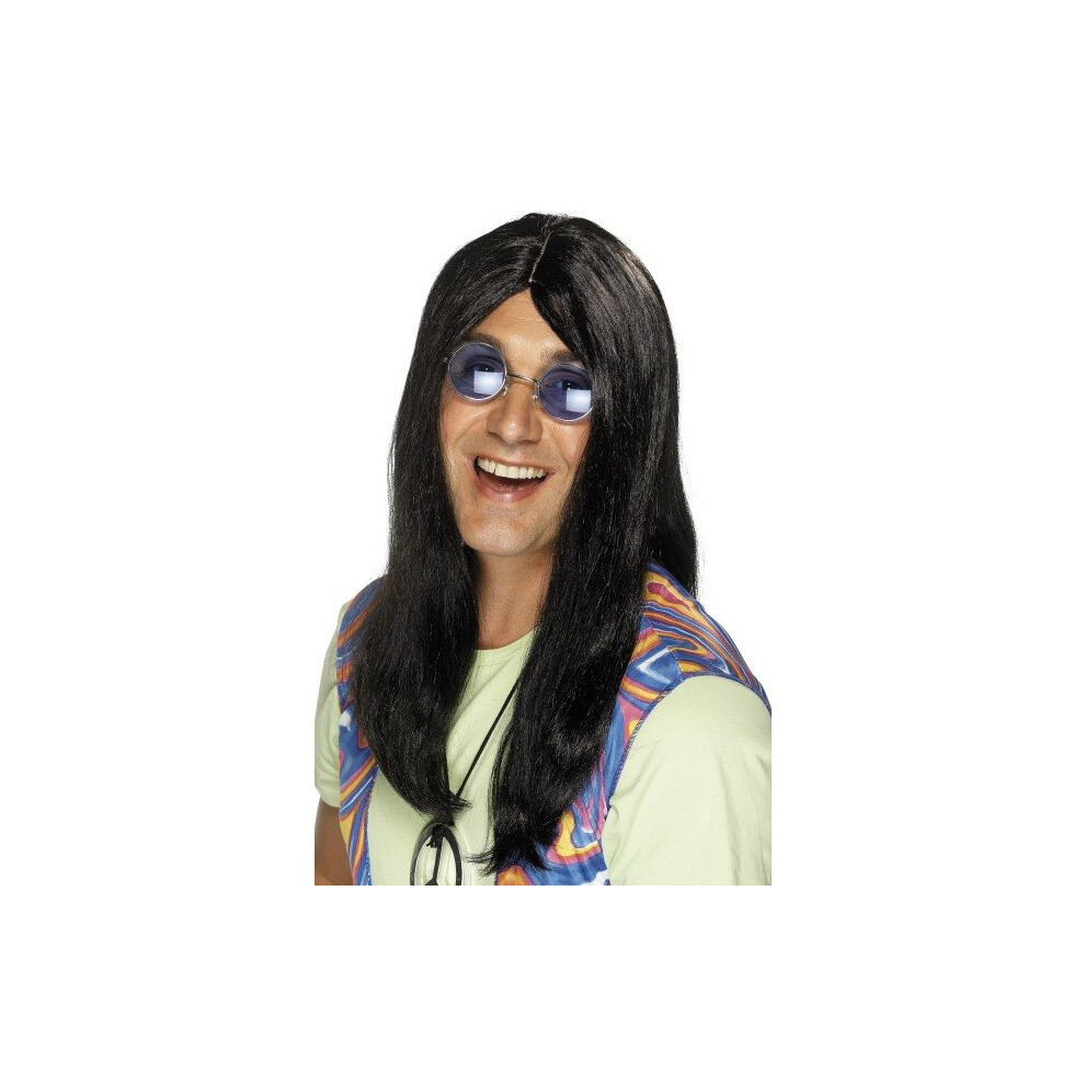 Black Neil Hippy Wig With Side Parting -  wig black neil hippy smiffys 1960s fancy dress hippie mens long