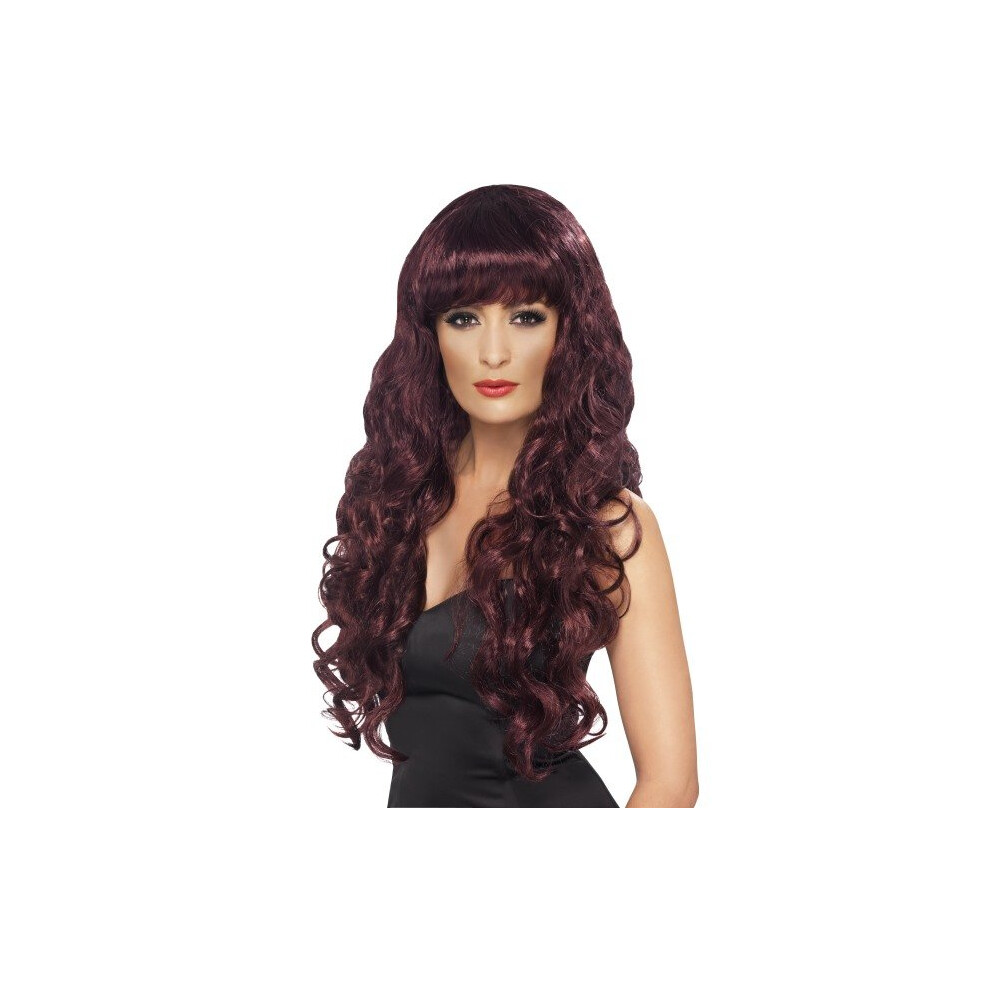 Long Maroon Smiffy's Siren Curly Wig With Fringe -  wig siren long fancy dress ladies curly smiffys maroon fringe accessory wavy