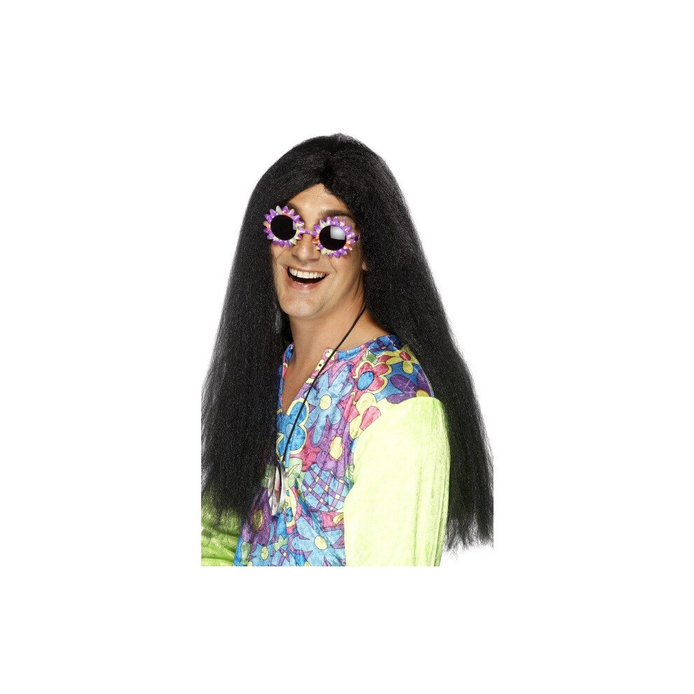 Smiffy's Long Men's Hippy Wig With Centre Parting - Wig Hippy Fancy Dress Long 60S Accessory Mens Hippie 70S Ladies 1960S Costume Black