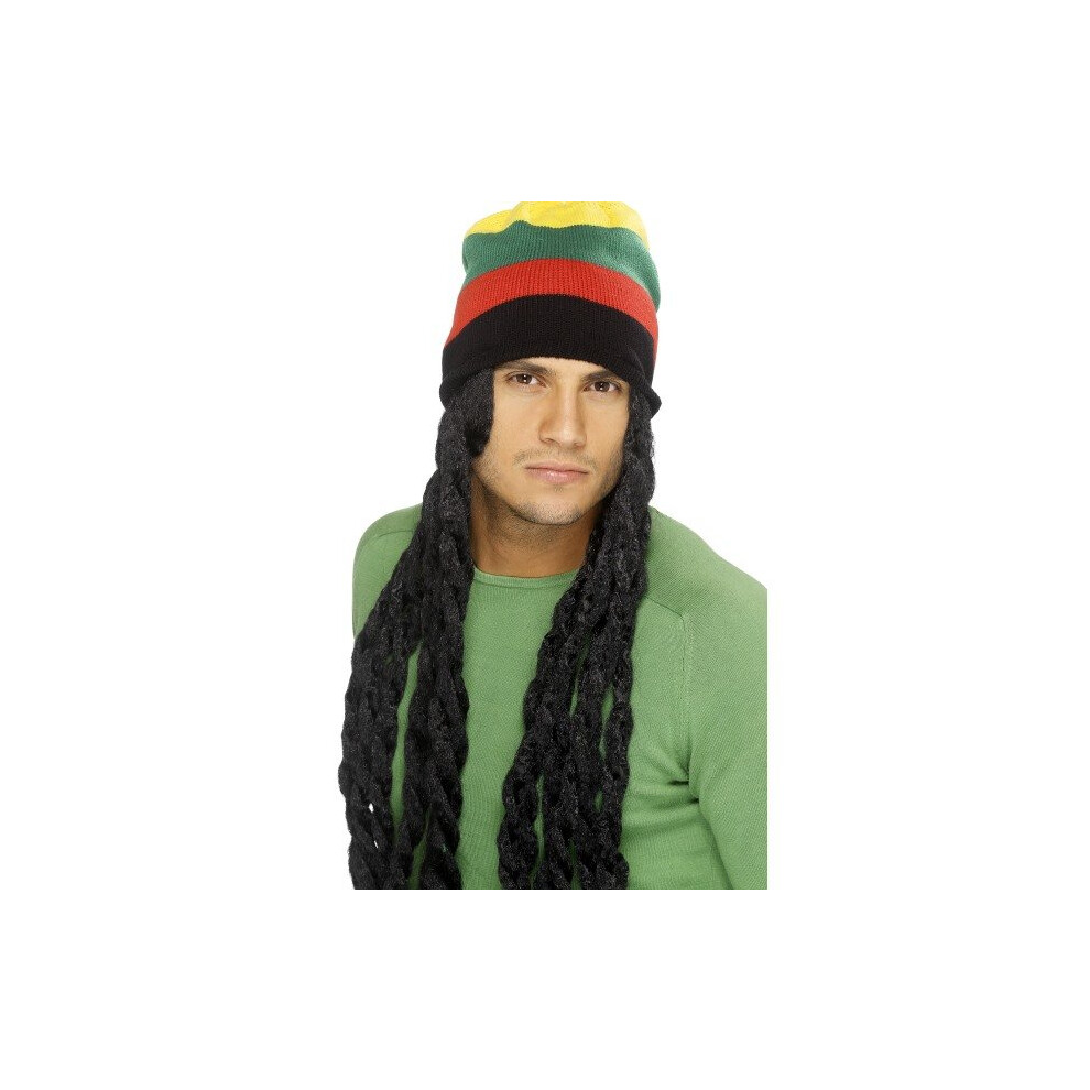 Black Smiffy's Rasta Hat With Long Deadlocks -  rasta hat fancy dress accessory mens wig adult costume jamaican dreadlocks party