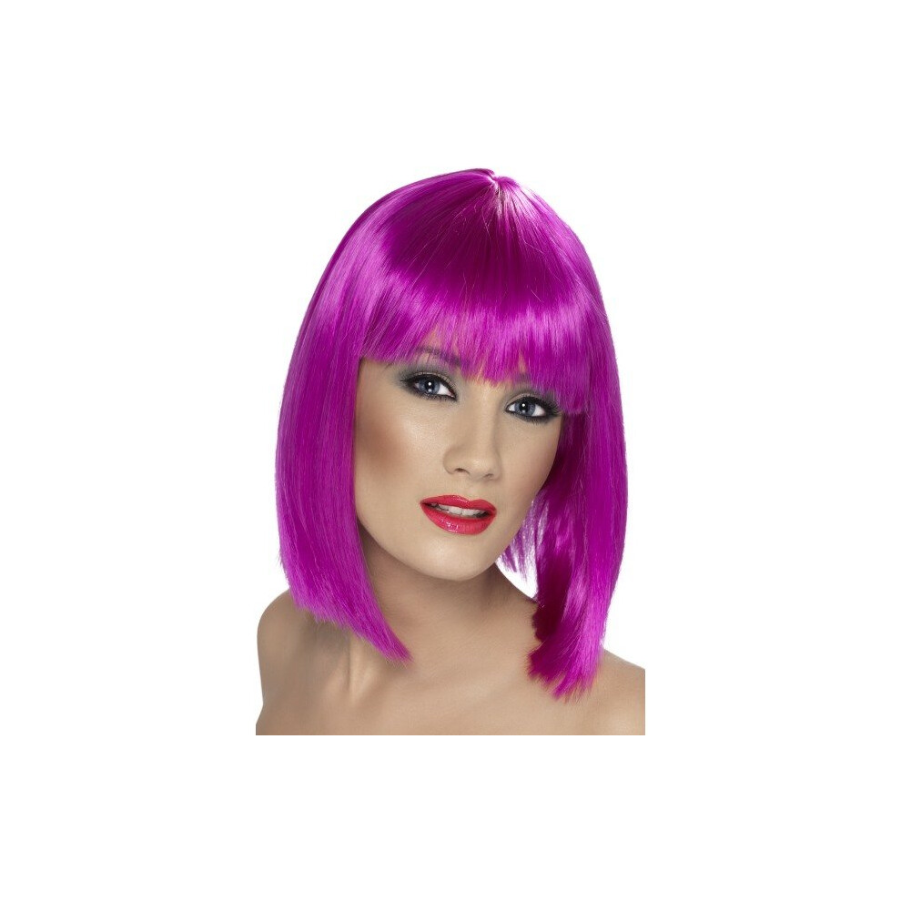 Short Neon Purple Ladies Blunt Glam Wig With Fringe -  wig glam short neon fancy dress ladies purple blunt bob fringe accessory smiffys