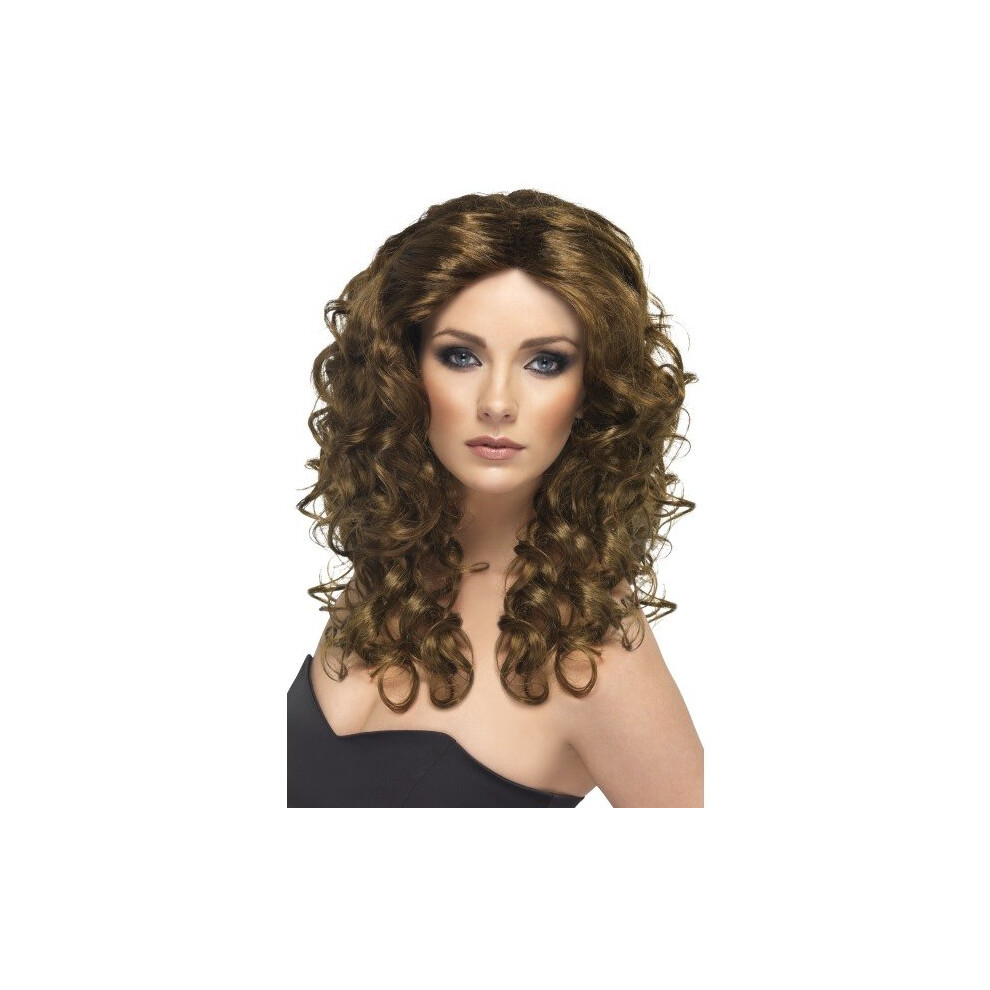Smiffy's Women's Long Brown Curly Glamour Wig - Wig Brown Glamour Long Curly Fancy Dress Ladies Womens