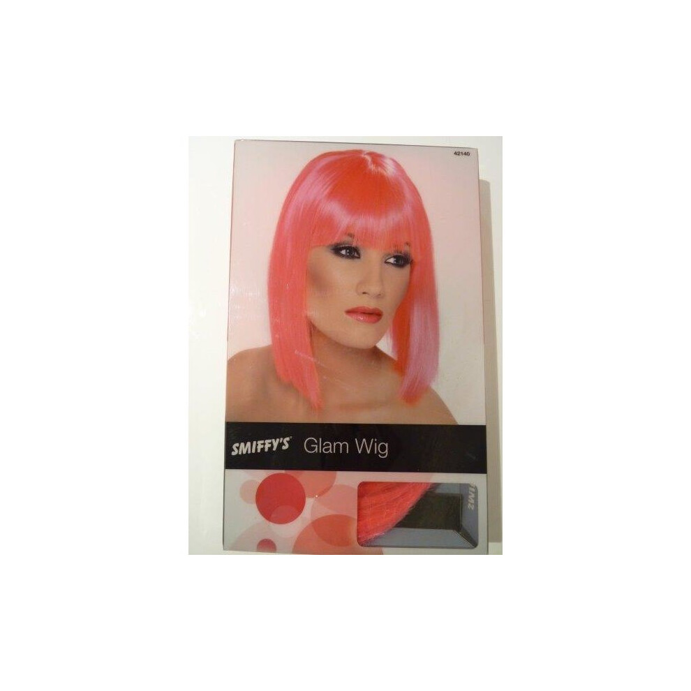 Smiffy's Adult's Neon Pink Glam Wig - Wig Glam Short Neon Fancy Dress Ladies Pink Blunt Fringe Bob Accessory