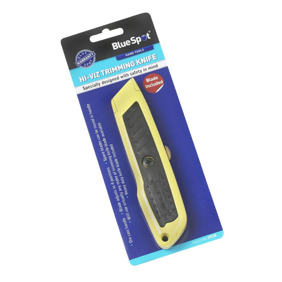 Spot 29158 Retractable Trimming Knife With Soft-Grip Spot Die-Cast Aluminium Handle - Hi-Vis Safety, 4-Position Blade Blue