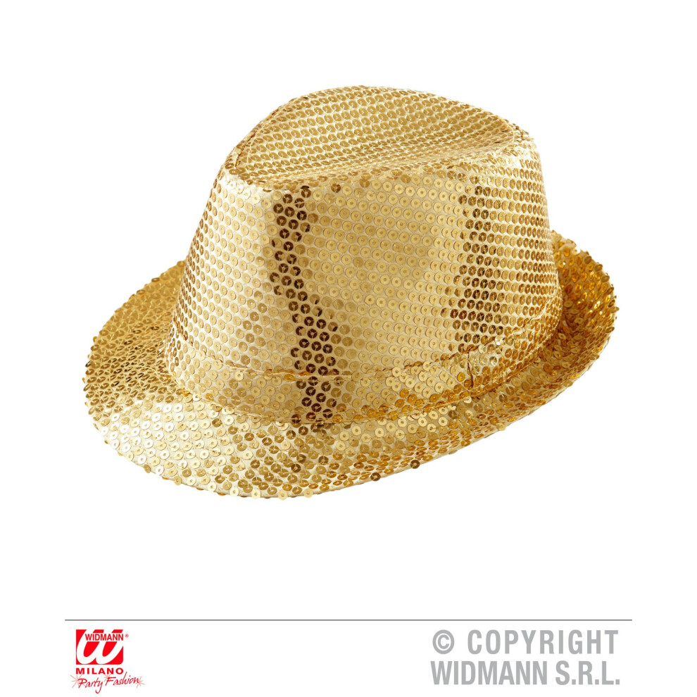 Widmann Sequinned Fancy Dress Hat - Hat Sequin Party Trilby Glitter Sequined Disco Carnival Fedora Gold