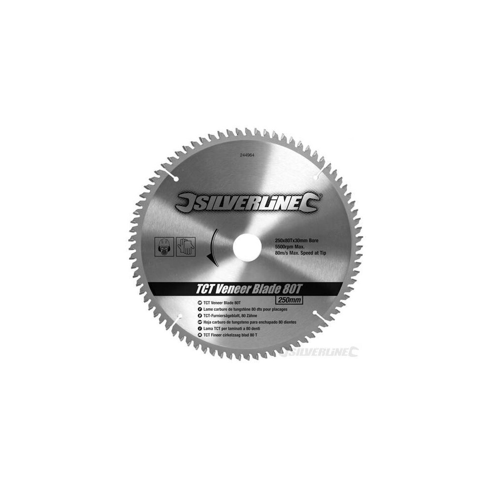 Silverline Tct Veneer Blade 80t 250 x 30 - 25, 20, 16mm Rings - 20 244964 Saw -  blade tct veneer 80t rings 250 x 20 silverline 30 16mm 244964 saw