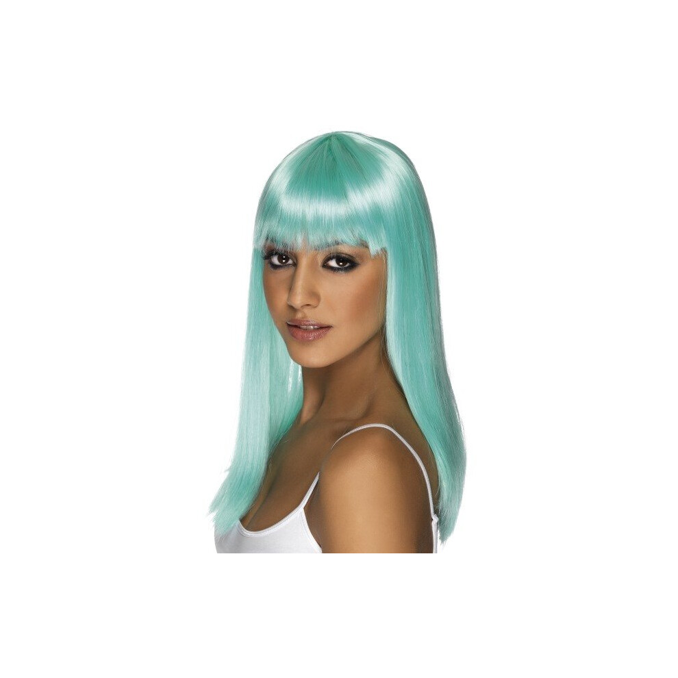 Women's Neon Aqua Straight Wig With Fringe -  wig long fancy dress glamourama ladies straight neon costume accessory aqua smiffys