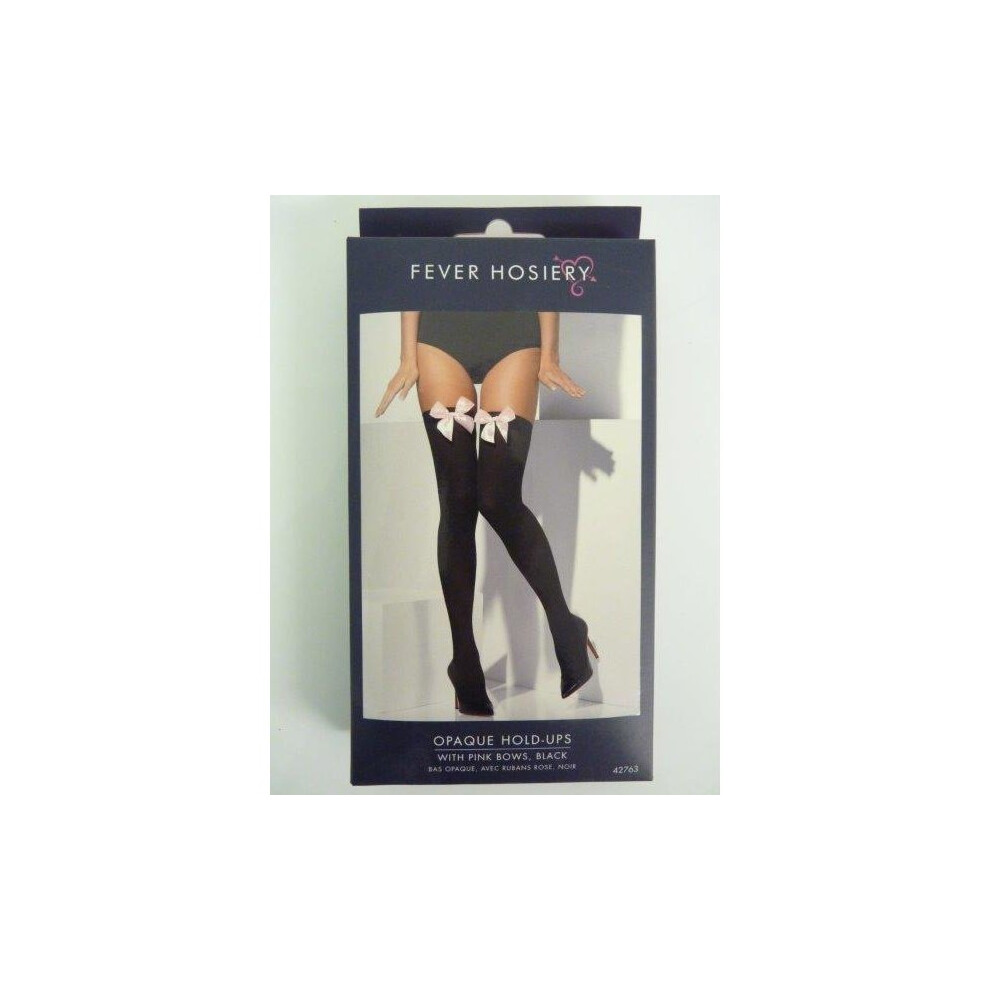 Ladies Black Opaque Hold Ups With Bow -  black hold stockings pink bows opaque ladies ups hosiery fancy dress thigh holdups