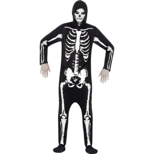 Large Adult's Black Hooded All In One Skeleton Costume. - Fancy Dress Halloween -  fancy dress skeleton halloween mens costume adult onesie outfit