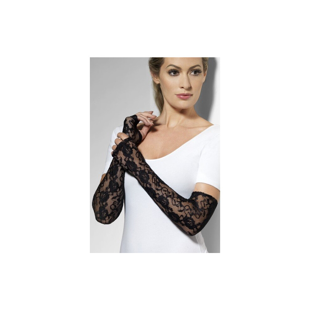 Smiffy's Gloves Full Length Gothic Lace Fingerless - Fancy Dress - Gloves Fancy Dress Lace Fingerless Accessory Gothic Ladies Womens Black