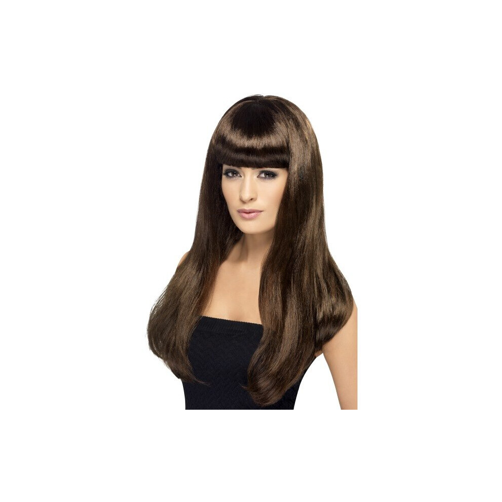 Smiffy's Babelicious Wig With Fringe - Long - Wig Babelicious Long Fancy Dress Straight Fringe Accessory Brown