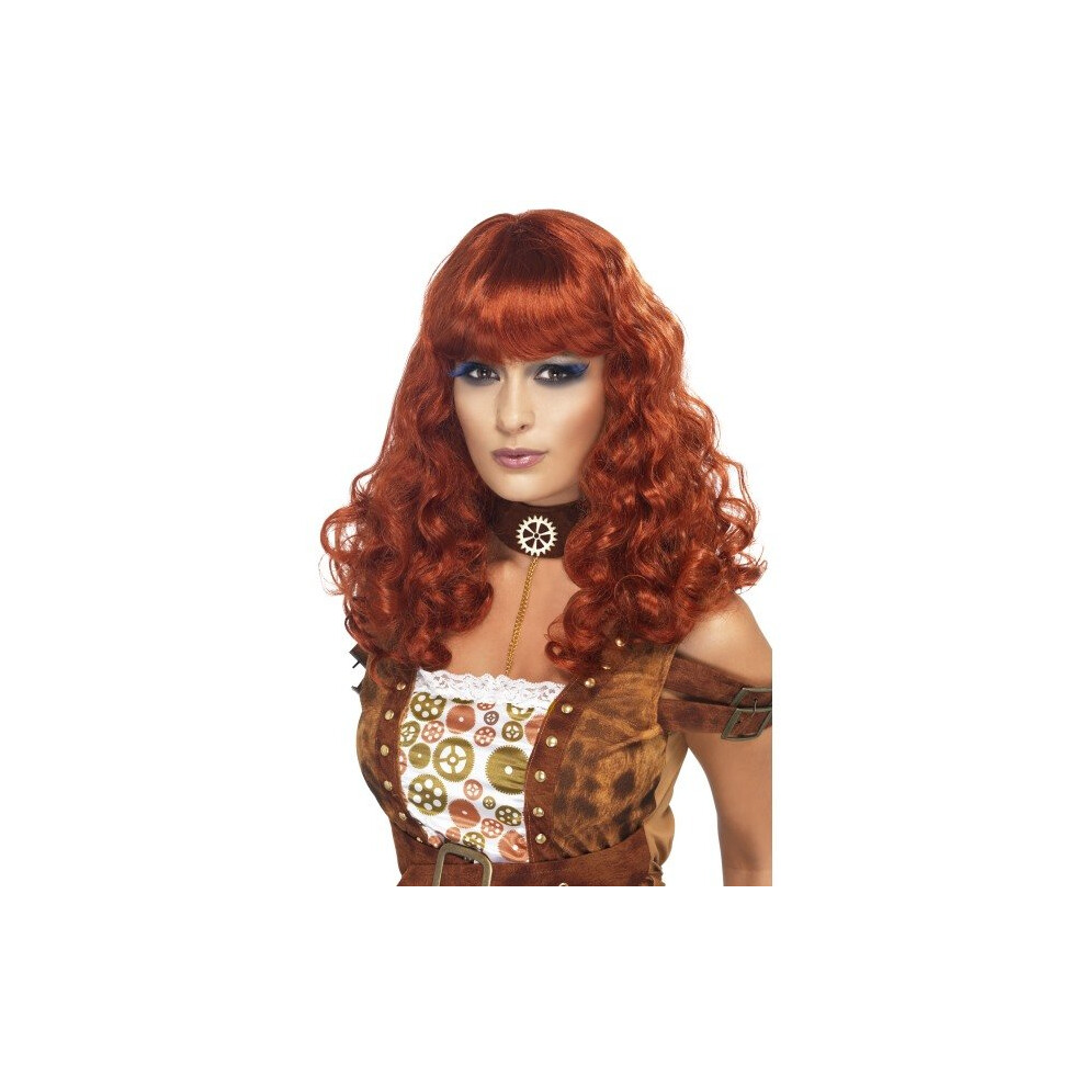 Smiffy's Women's Long And Curly Auburn Wig With Bangs, One Size, Steampunk Wig, -  wig fancy dress steam punk ladies auburn halloween curly costume