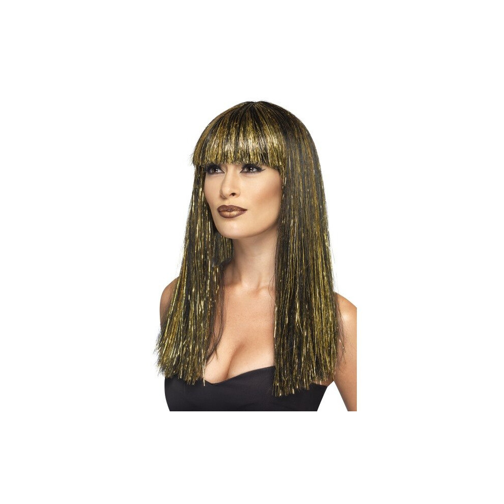 Smiffy's 44254 Egyptian Goddess Wig (One Size) - Egyptian Wig Goddess Black Gold Fancy Dress Cleopatra Costume Tinsel Ladies Black,Gold